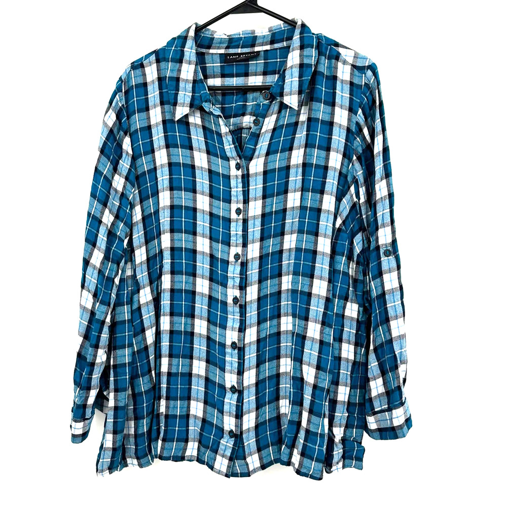 Lane Bryant size 22/24 blue white black plaid‎ button up long sleeve top shirt